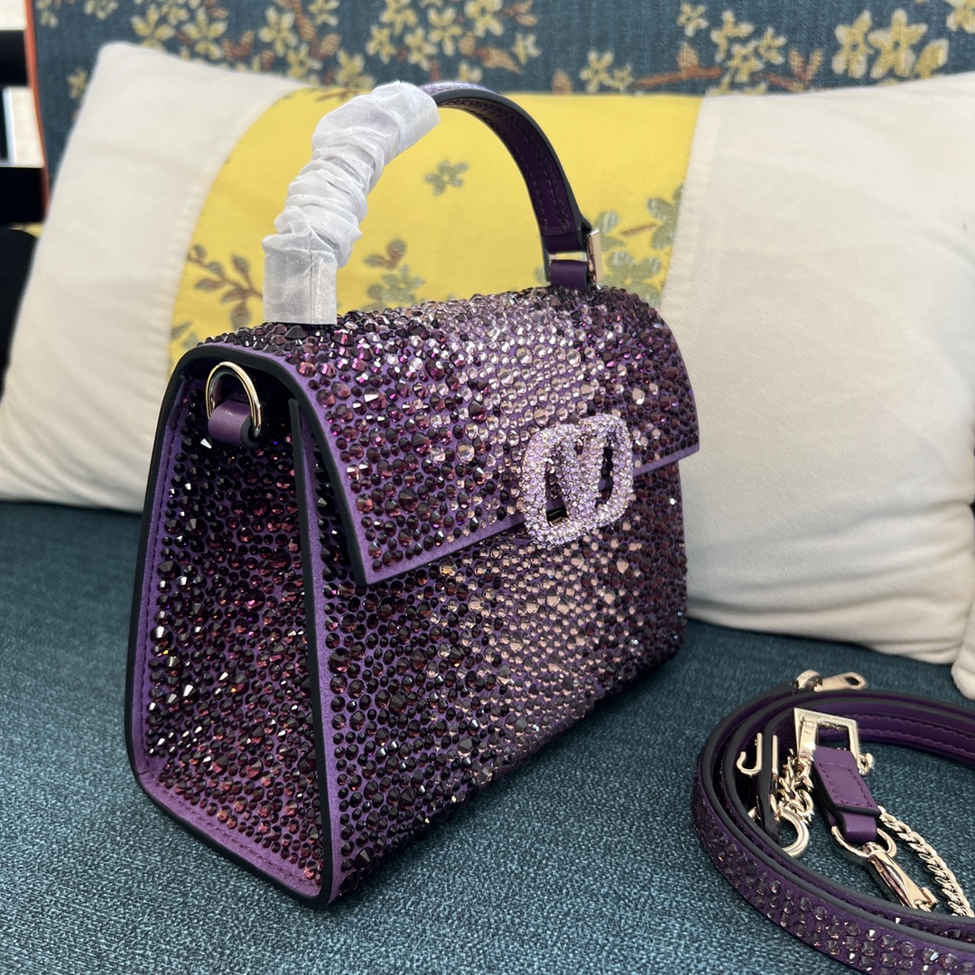 Bagsaaa Va1e*ntin0 Garavani Middle East Crystal VSling Top Handle Purple Bag - 19x13x9cm