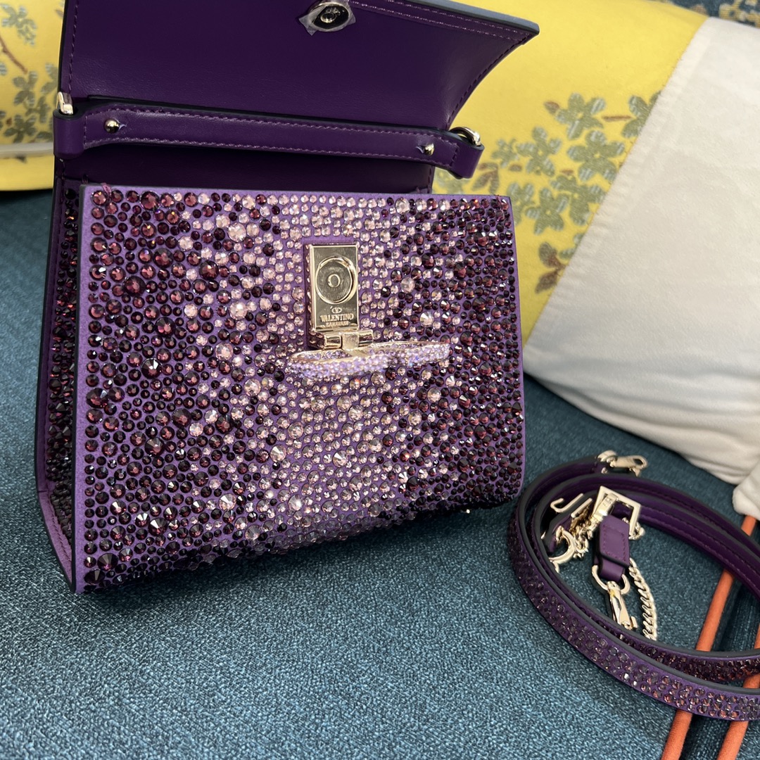 Bagsaaa Va1e*ntin0 Garavani Middle East Crystal VSling Top Handle Purple Bag - 19x13x9cm