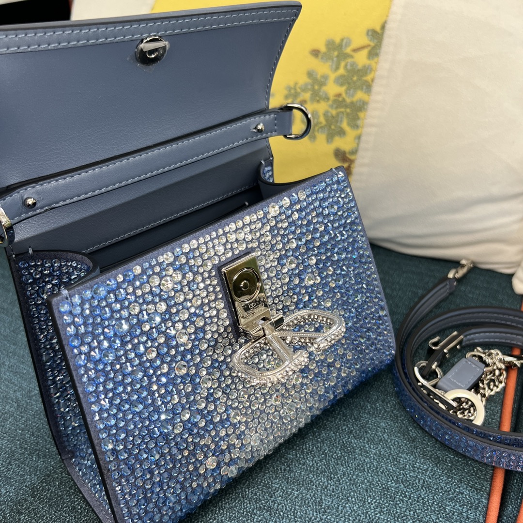 Bagsaaa Va1e*ntin0 Garavani Middle East Crystal VSling Top Handle Blue Bag - 19x13x9cm