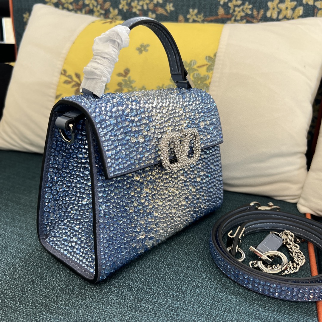 Bagsaaa Va1e*ntin0 Garavani Middle East Crystal VSling Top Handle Blue Bag - 19x13x9cm