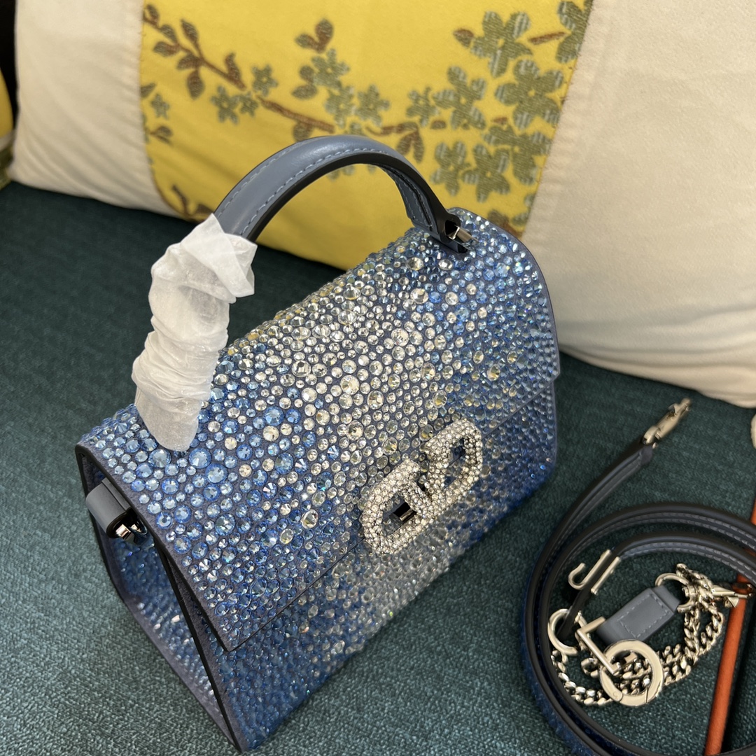 Bagsaaa Va1e*ntin0 Garavani Middle East Crystal VSling Top Handle Blue Bag - 19x13x9cm