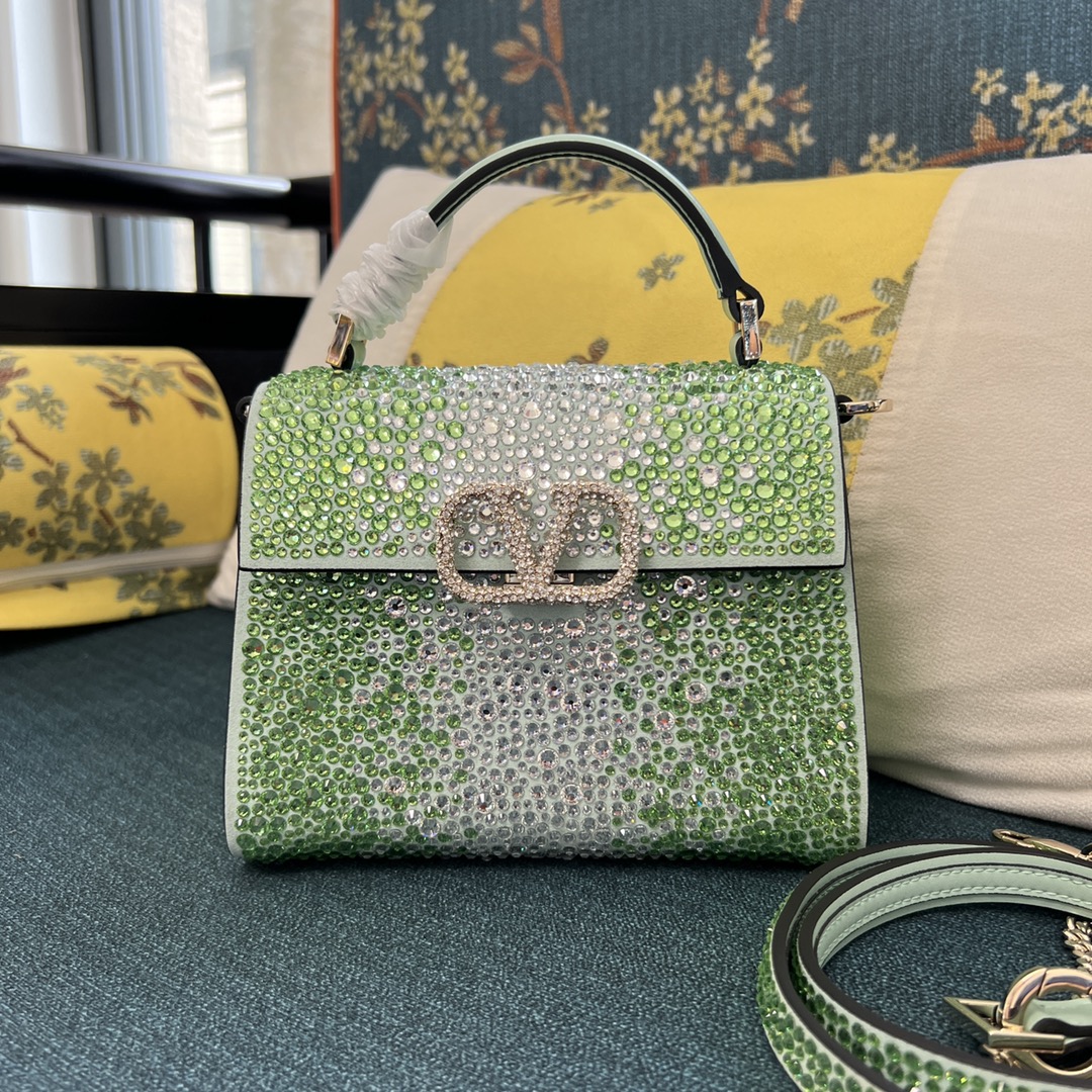 Bagsaaa Va1e*ntin0 Garavani Middle East Crystal VSling Top Handle Green Bag - 19x13x9cm
