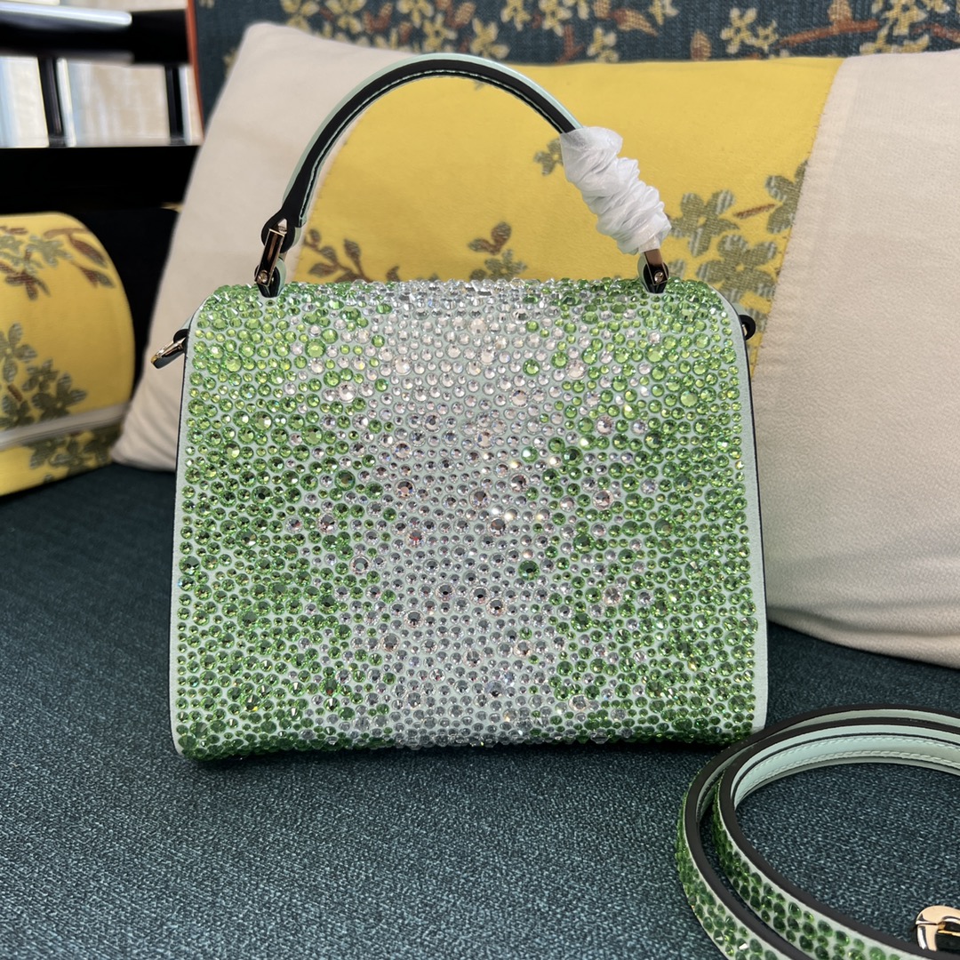 Bagsaaa Va1e*ntin0 Garavani Middle East Crystal VSling Top Handle Green Bag - 19x13x9cm