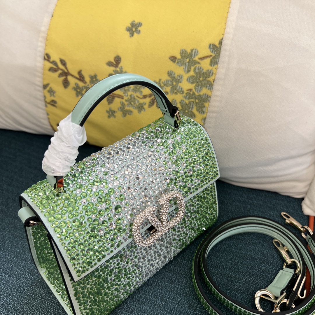 Bagsaaa Va1e*ntin0 Garavani Middle East Crystal VSling Top Handle Green Bag - 19x13x9cm