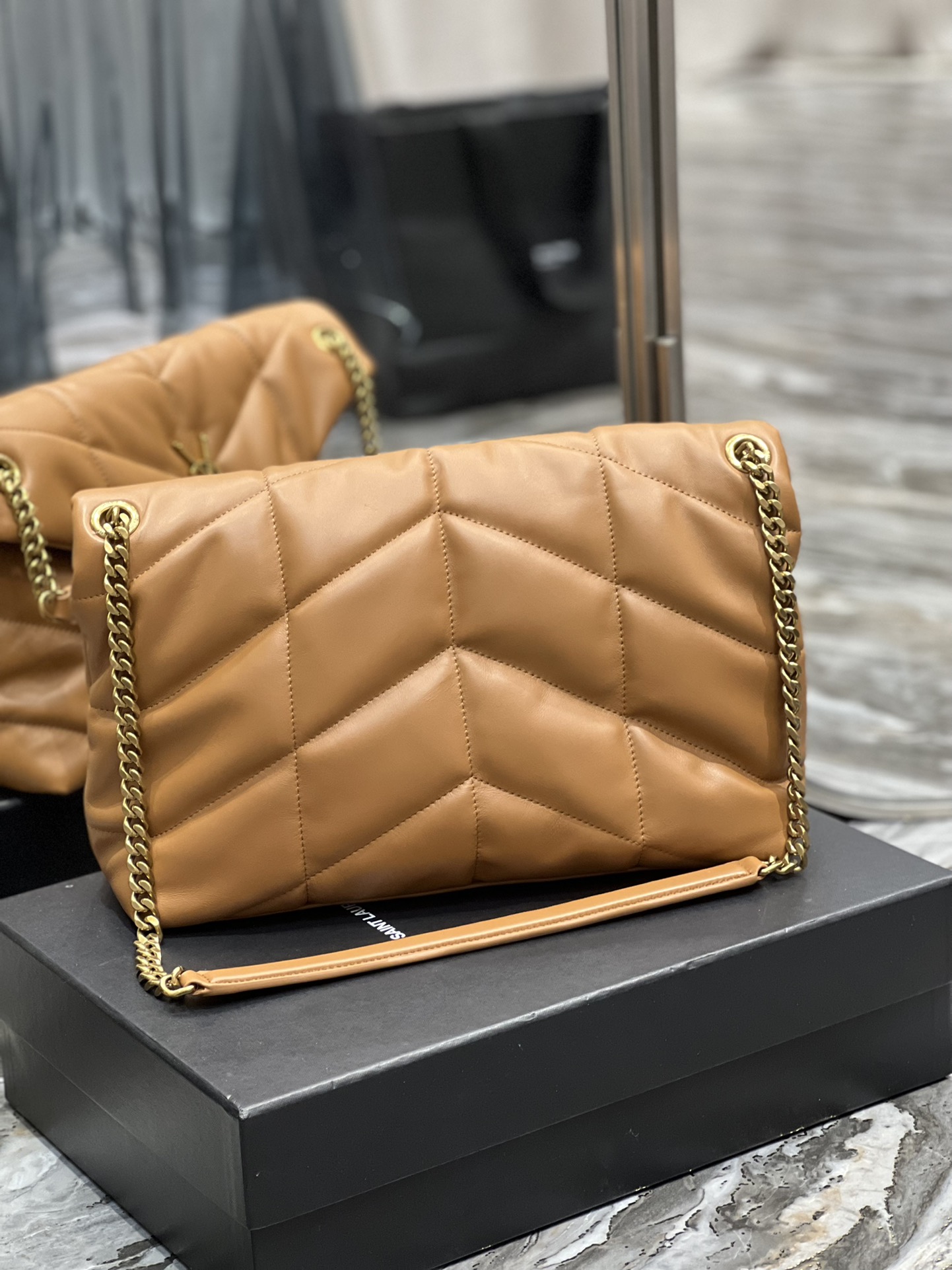 Bagsaaa Y51 Puffer Medium Chain Bag in Quilted Lambskin Dark Honey - 35 X 23 X 13,5 CM