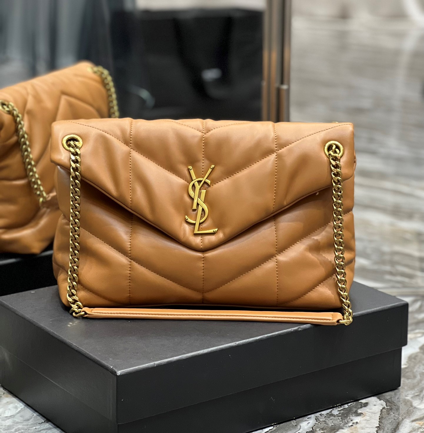 Bagsaaa Y51 Puffer Medium Chain Bag in Quilted Lambskin Dark Honey - 35 X 23 X 13,5 CM