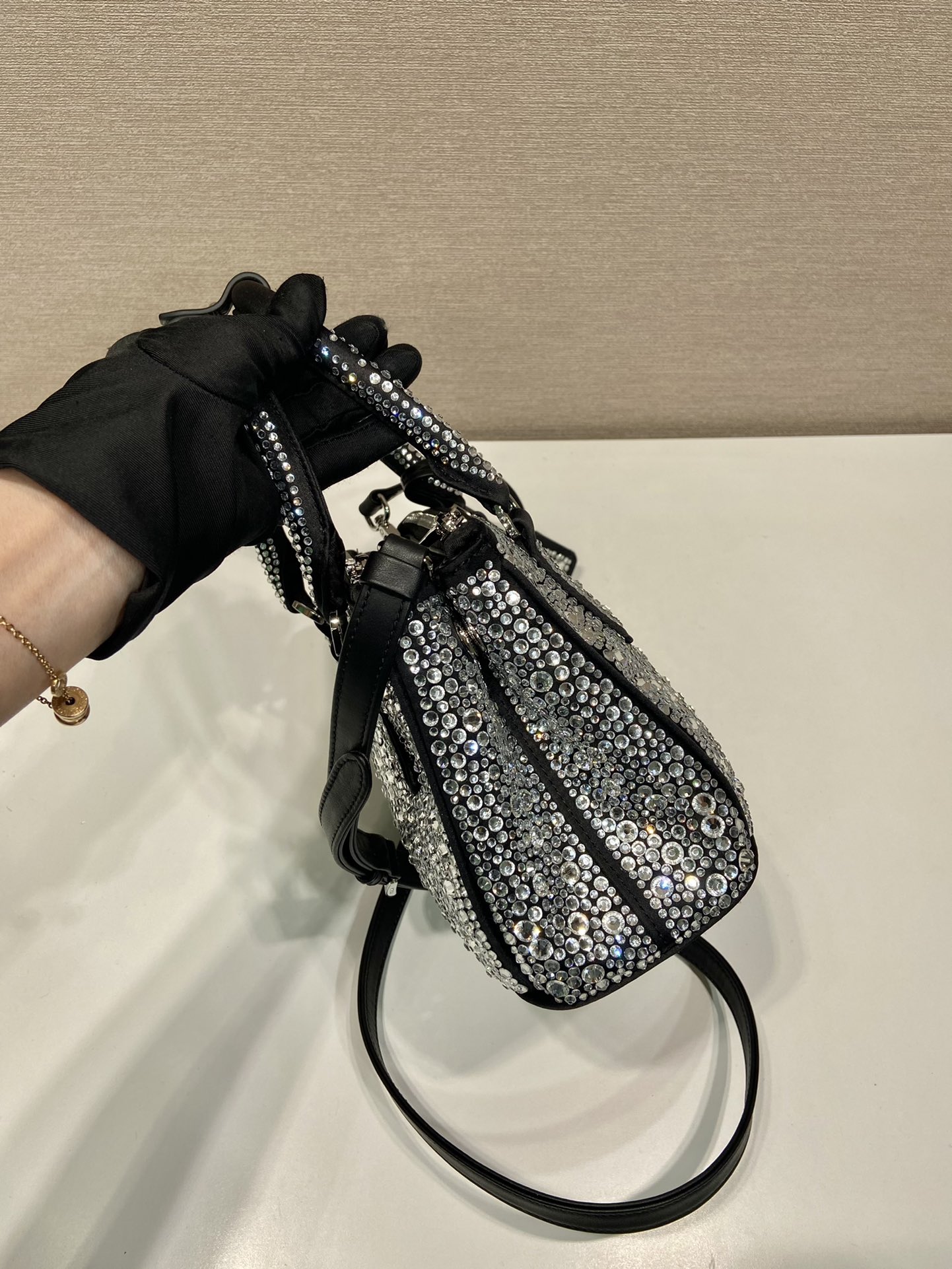 Bagsaaa Pra*a Galleria satin mini-bag with black crystals - 20*14.5*9.5cm