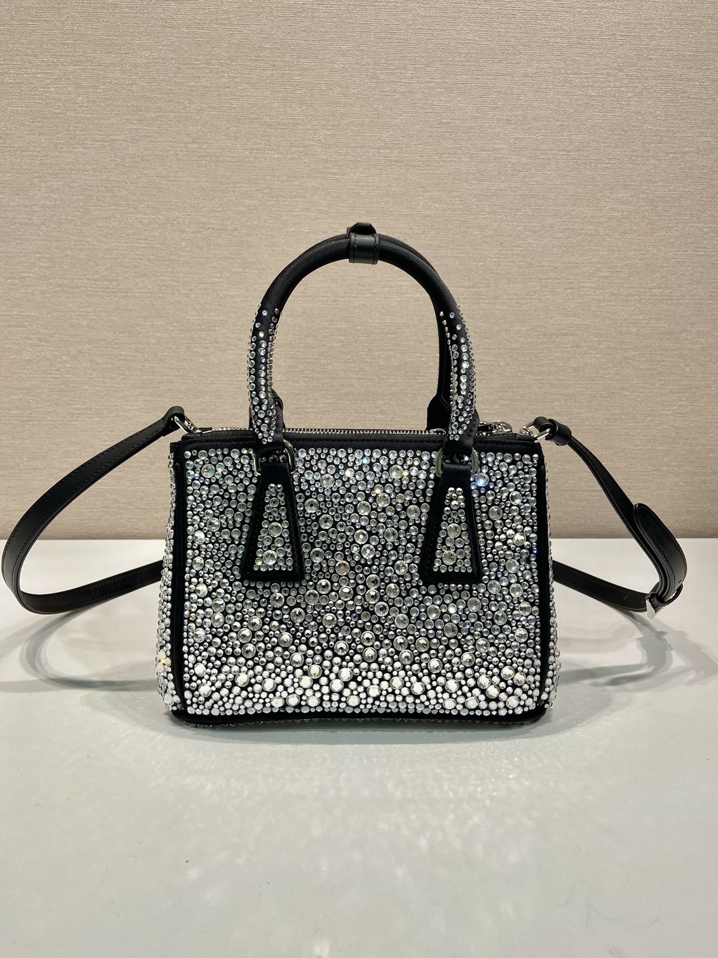 Bagsaaa Pra*a Galleria satin mini-bag with black crystals - 20*14.5*9.5cm