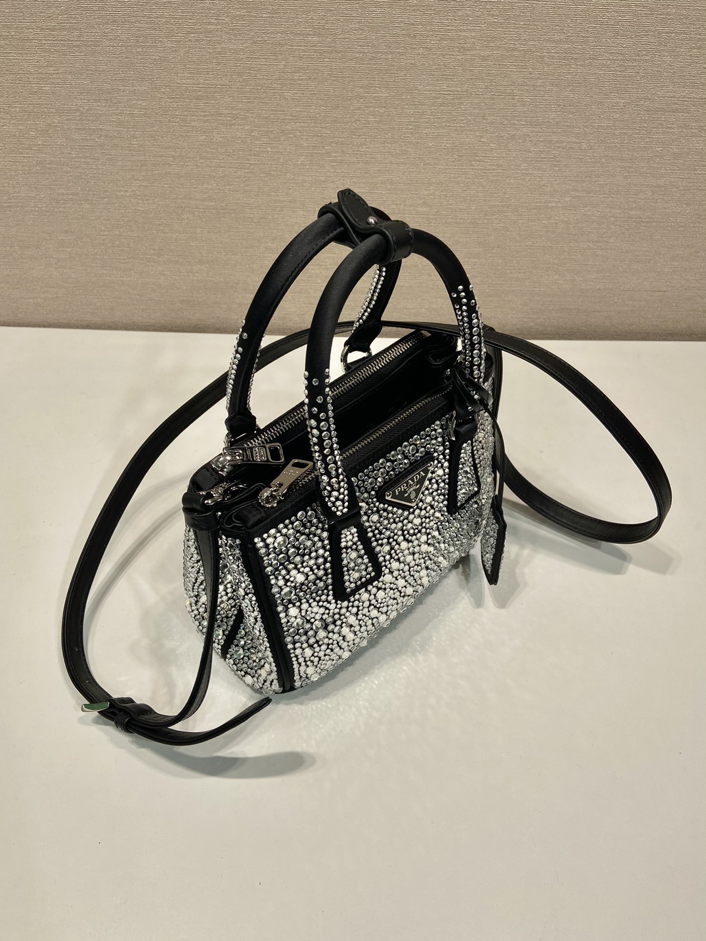 Bagsaaa Pra*a Galleria satin mini-bag with black crystals - 20*14.5*9.5cm