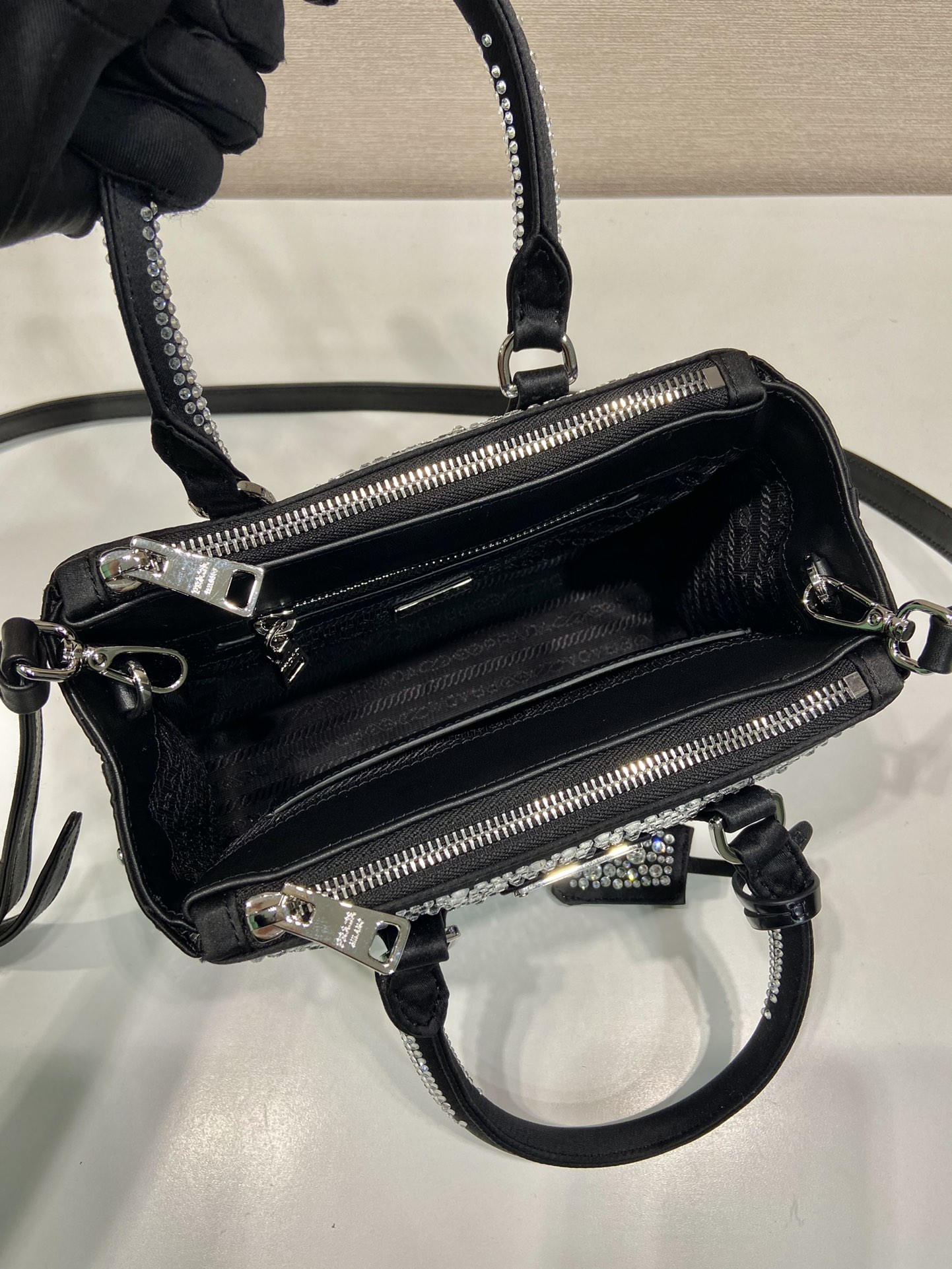 Bagsaaa Pra*a Galleria satin mini-bag with black crystals - 20*14.5*9.5cm