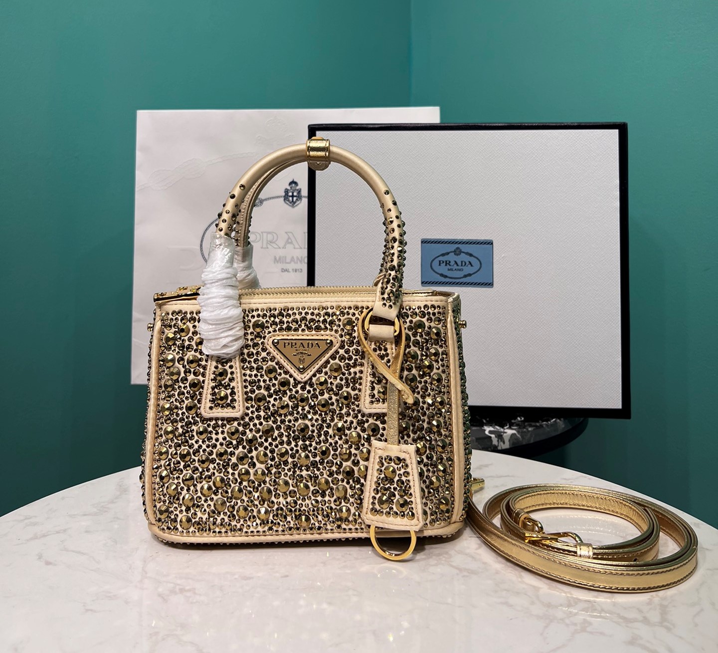 Bagsaaa Pra*a Galleria satin mini-bag with platinum crystals - 20*14.5*9.5cm