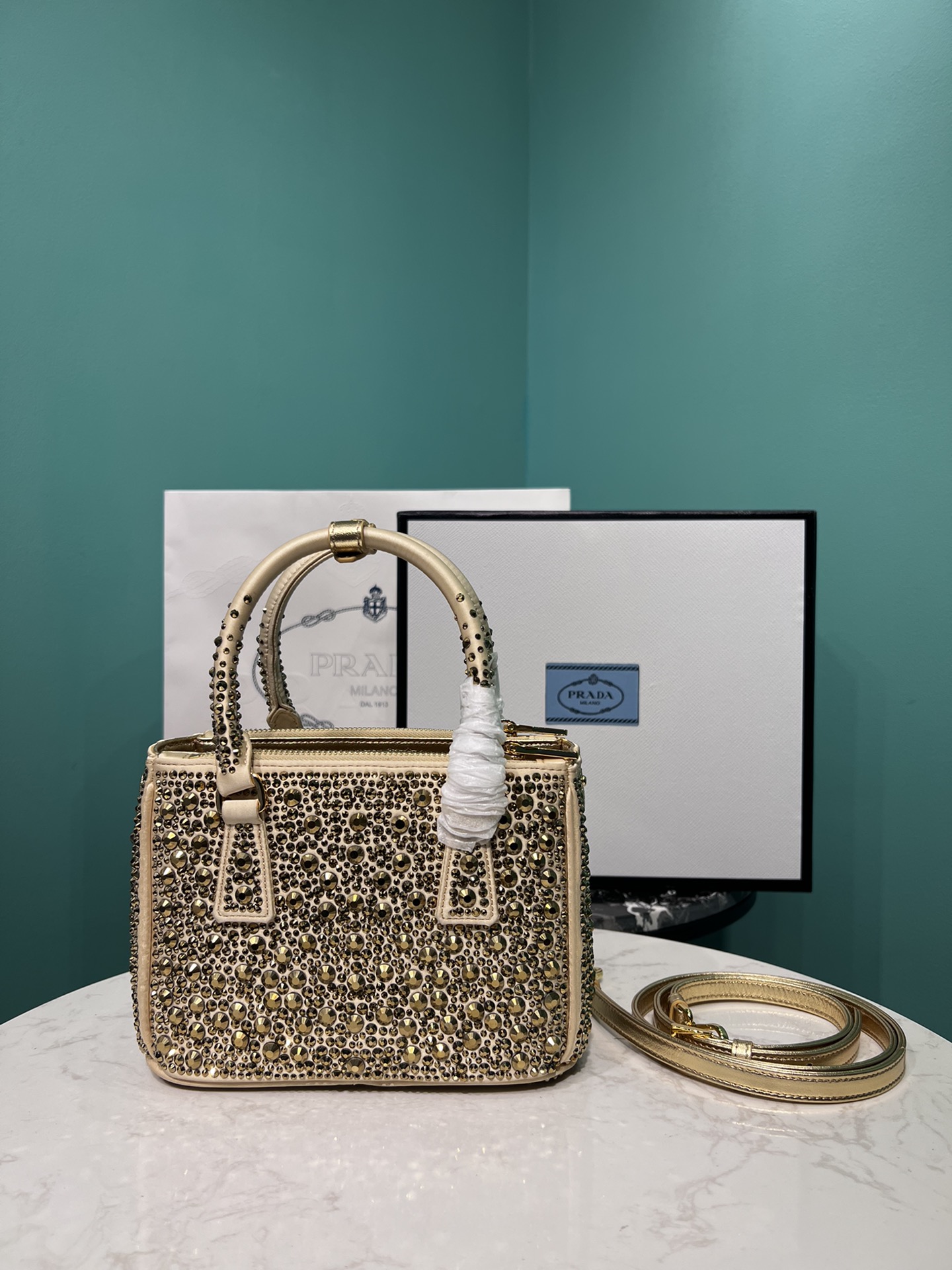 Bagsaaa Pra*a Galleria satin mini-bag with platinum crystals - 20*14.5*9.5cm