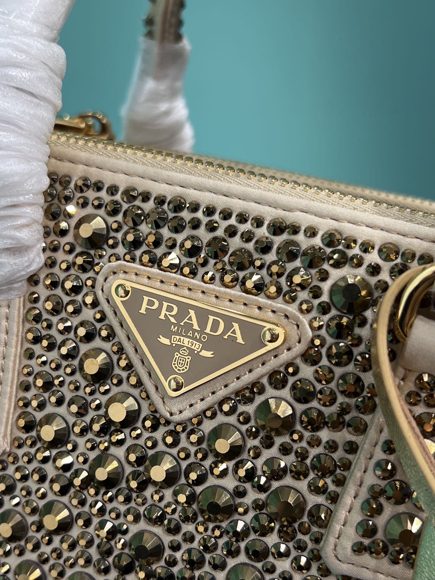 Bagsaaa Pra*a Galleria satin mini-bag with platinum crystals - 20*14.5*9.5cm
