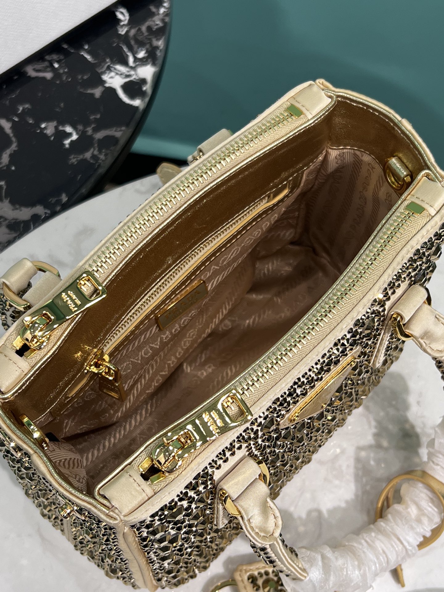Bagsaaa Pra*a Galleria satin mini-bag with platinum crystals - 20*14.5*9.5cm