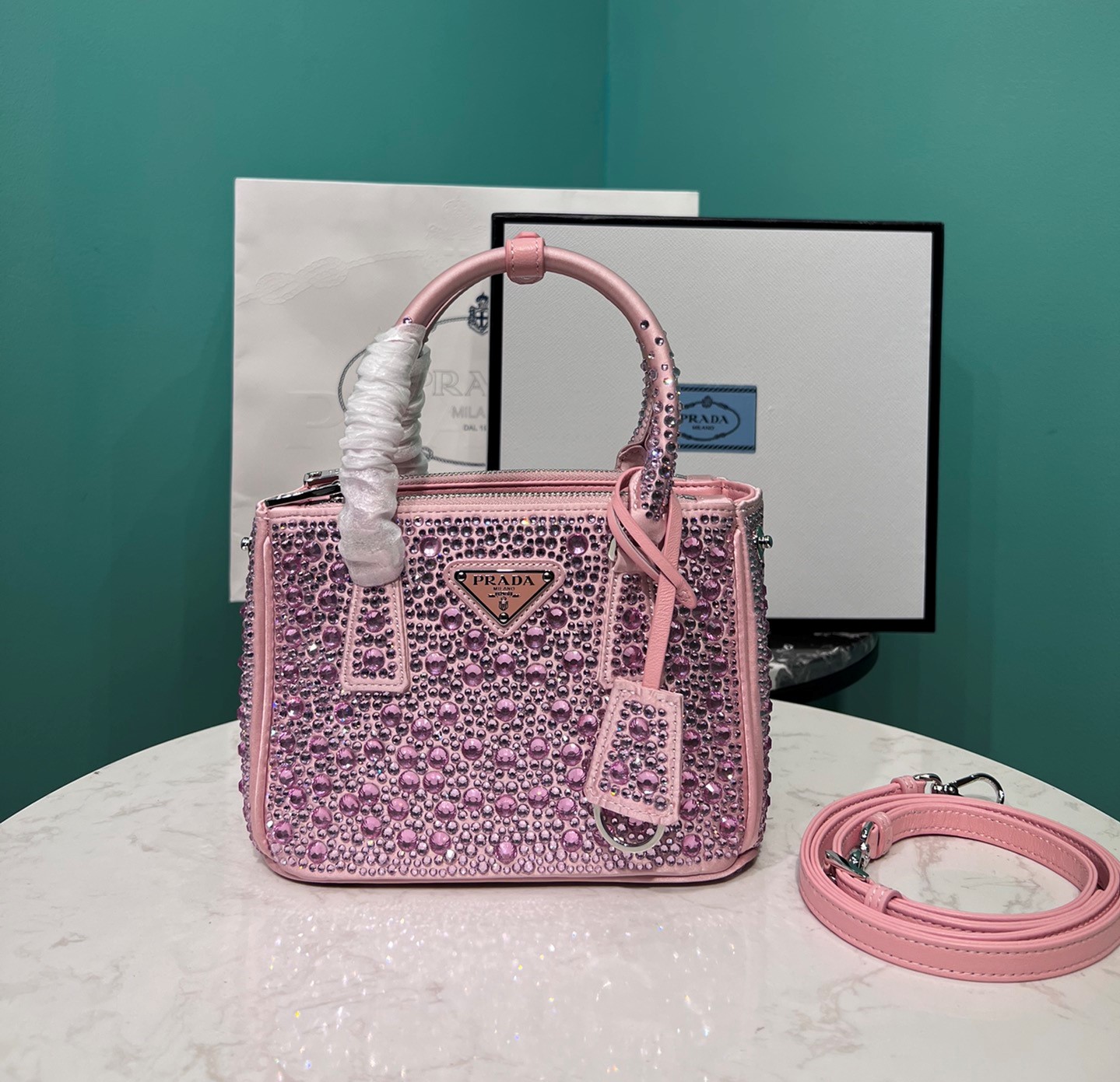 Bagsaaa Pra*a Galleria satin mini-bag with pink crystals - 20*14.5*9.5cm