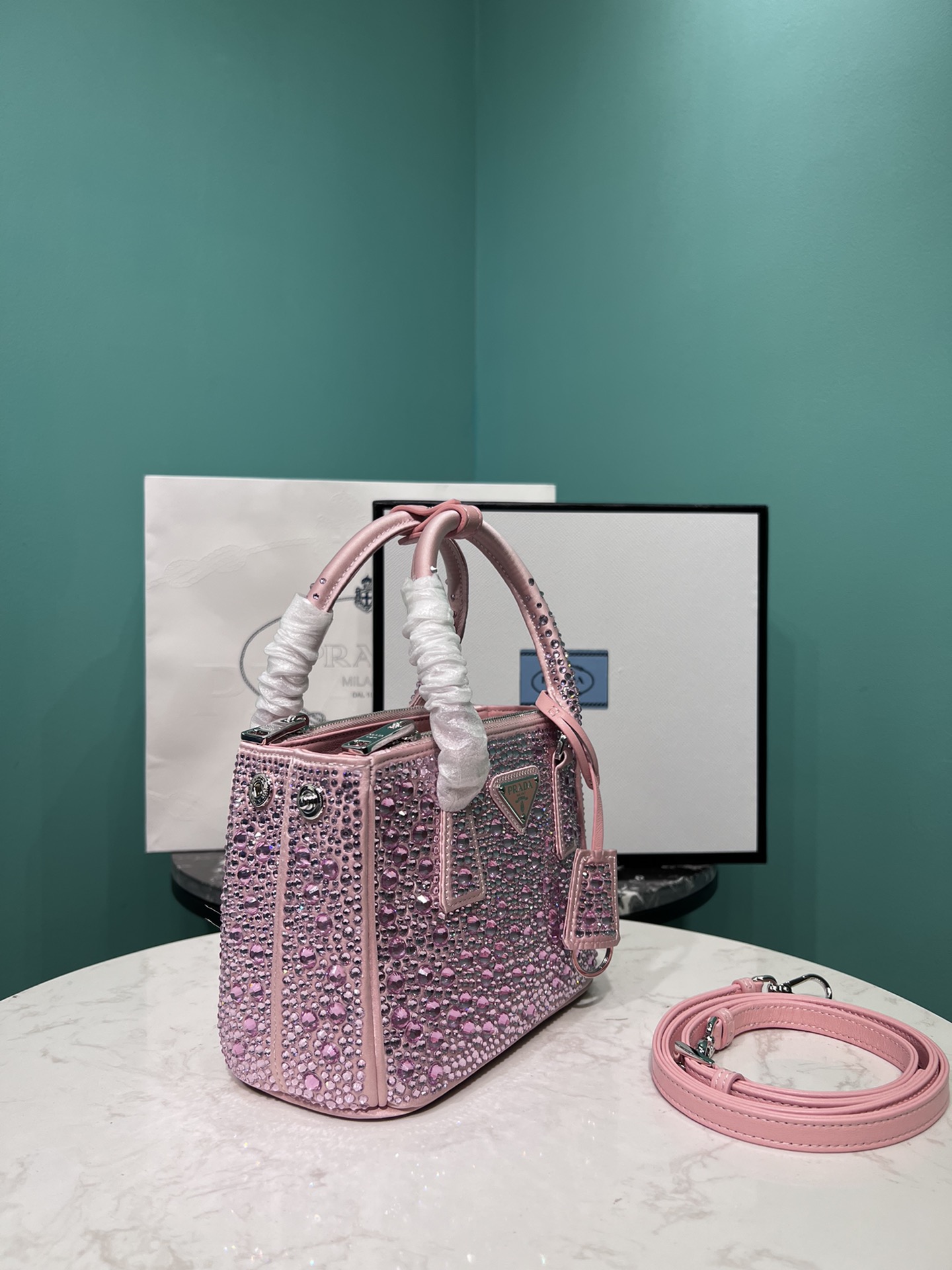 Bagsaaa Pra*a Galleria satin mini-bag with pink crystals - 20*14.5*9.5cm