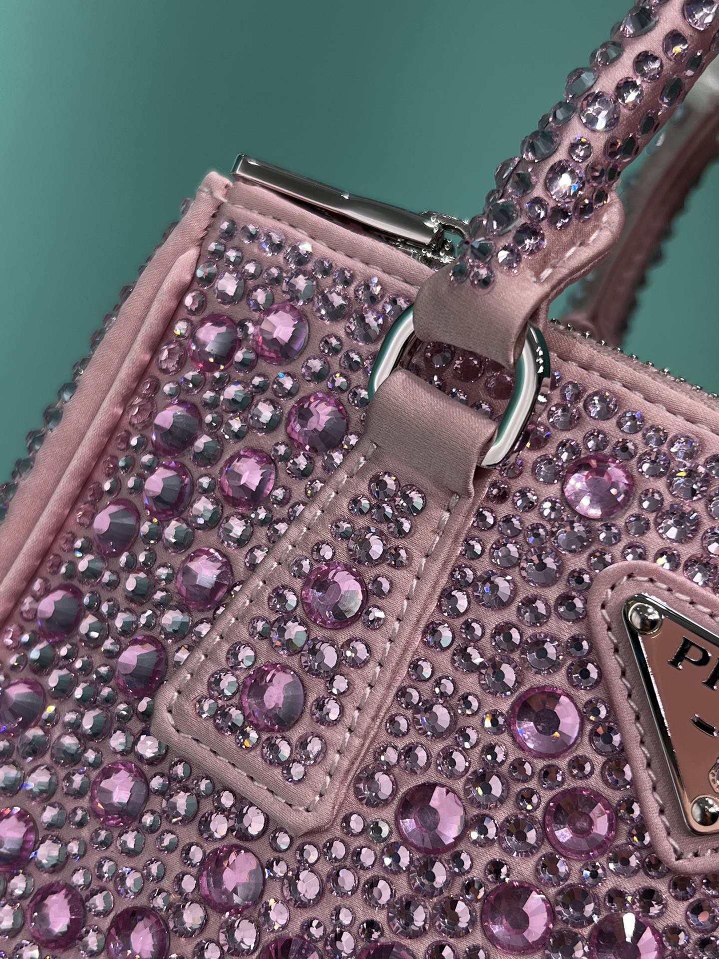 Bagsaaa Pra*a Galleria satin mini-bag with pink crystals - 20*14.5*9.5cm