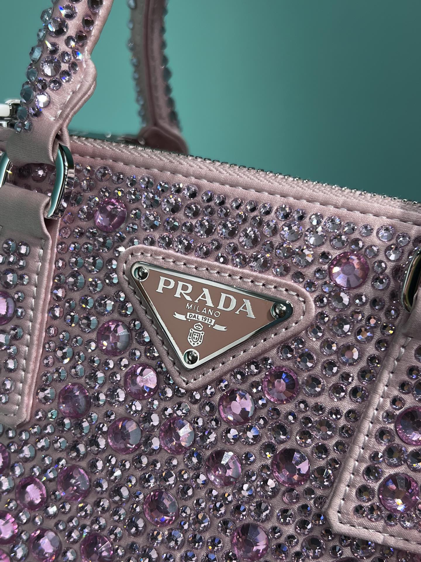 Bagsaaa Pra*a Galleria satin mini-bag with pink crystals - 20*14.5*9.5cm