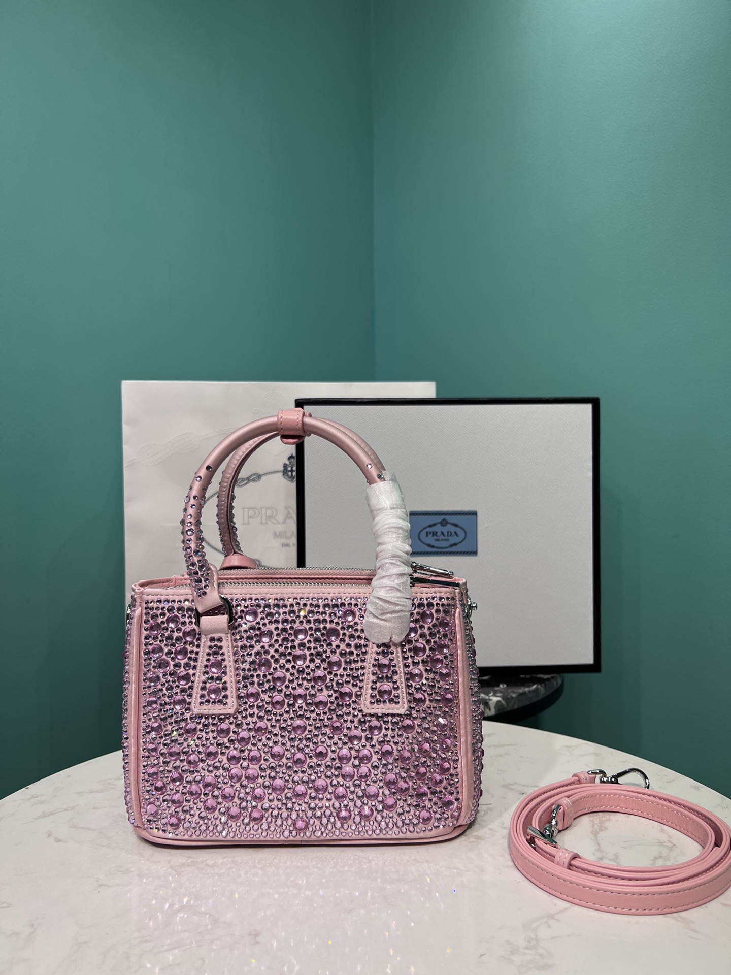 Bagsaaa Pra*a Galleria satin mini-bag with pink crystals - 20*14.5*9.5cm