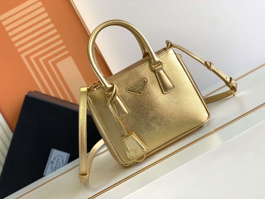 Bagsaaa Pra*a Galleria Saffiano leather gold mini-bag - 20x15x9.5cm