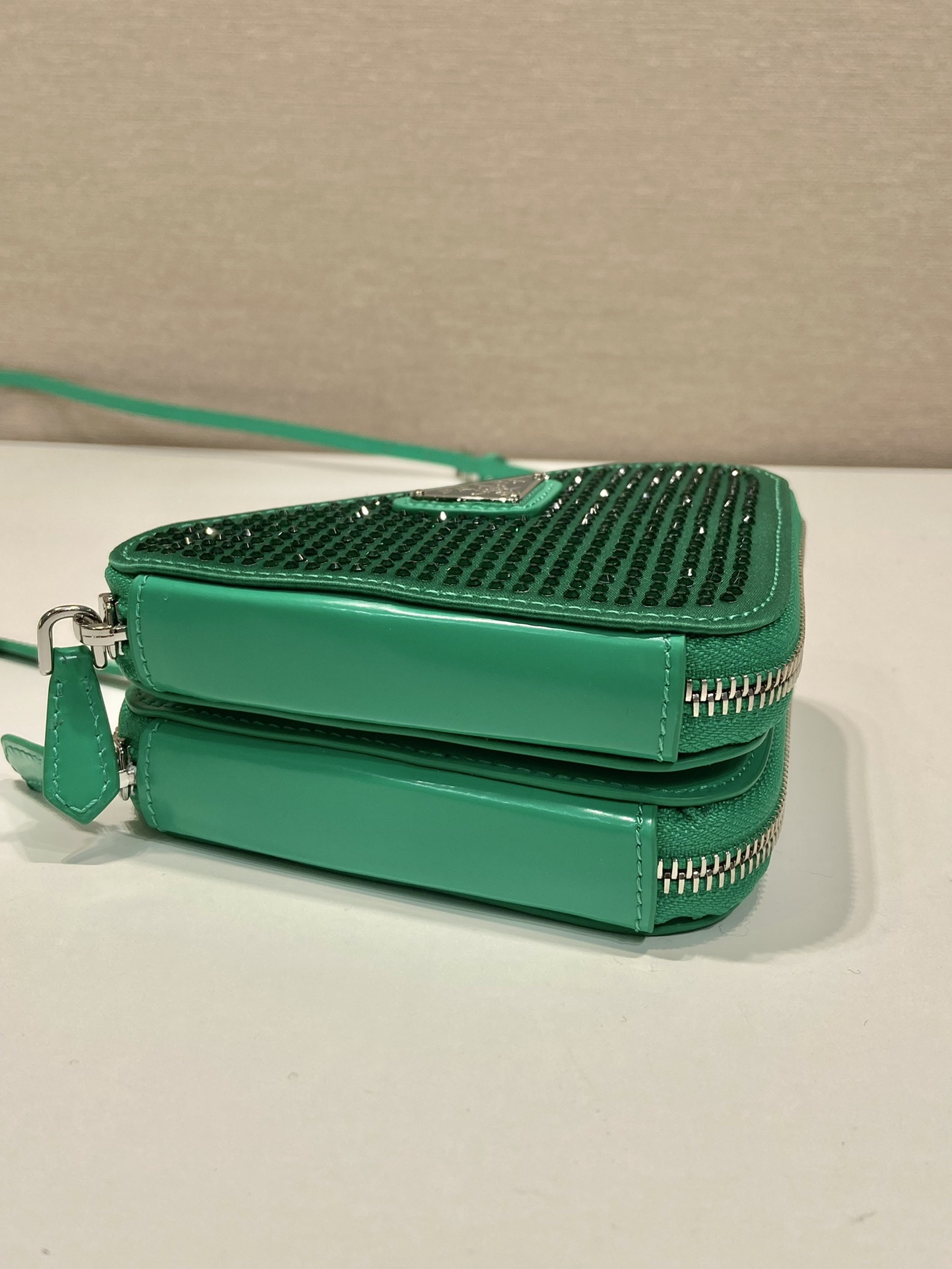 Bagsaaa Pra*a Embellished satin and leather mini pouch green - 15x10x5cm