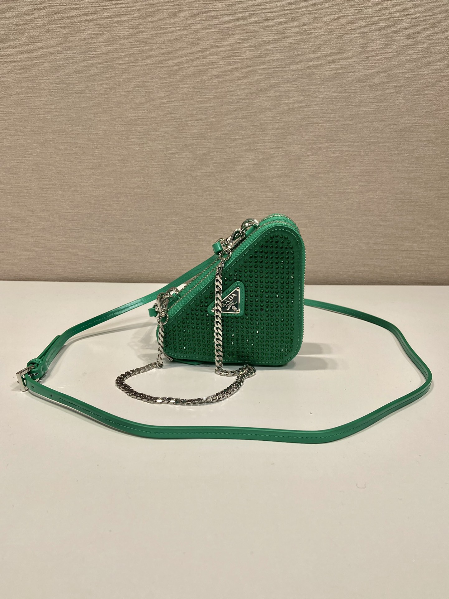 Bagsaaa Pra*a Embellished satin and leather mini pouch green - 15x10x5cm