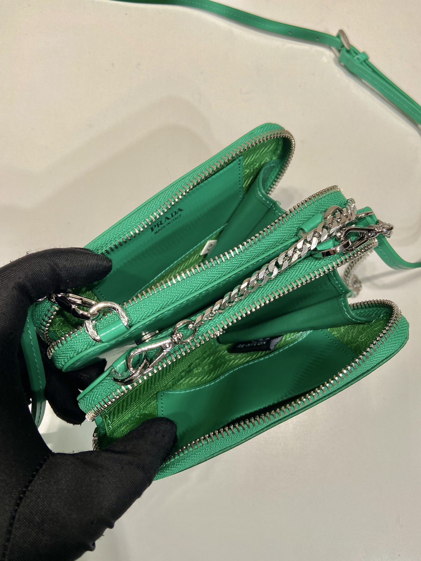 Bagsaaa Pra*a Embellished satin and leather mini pouch green - 15x10x5cm
