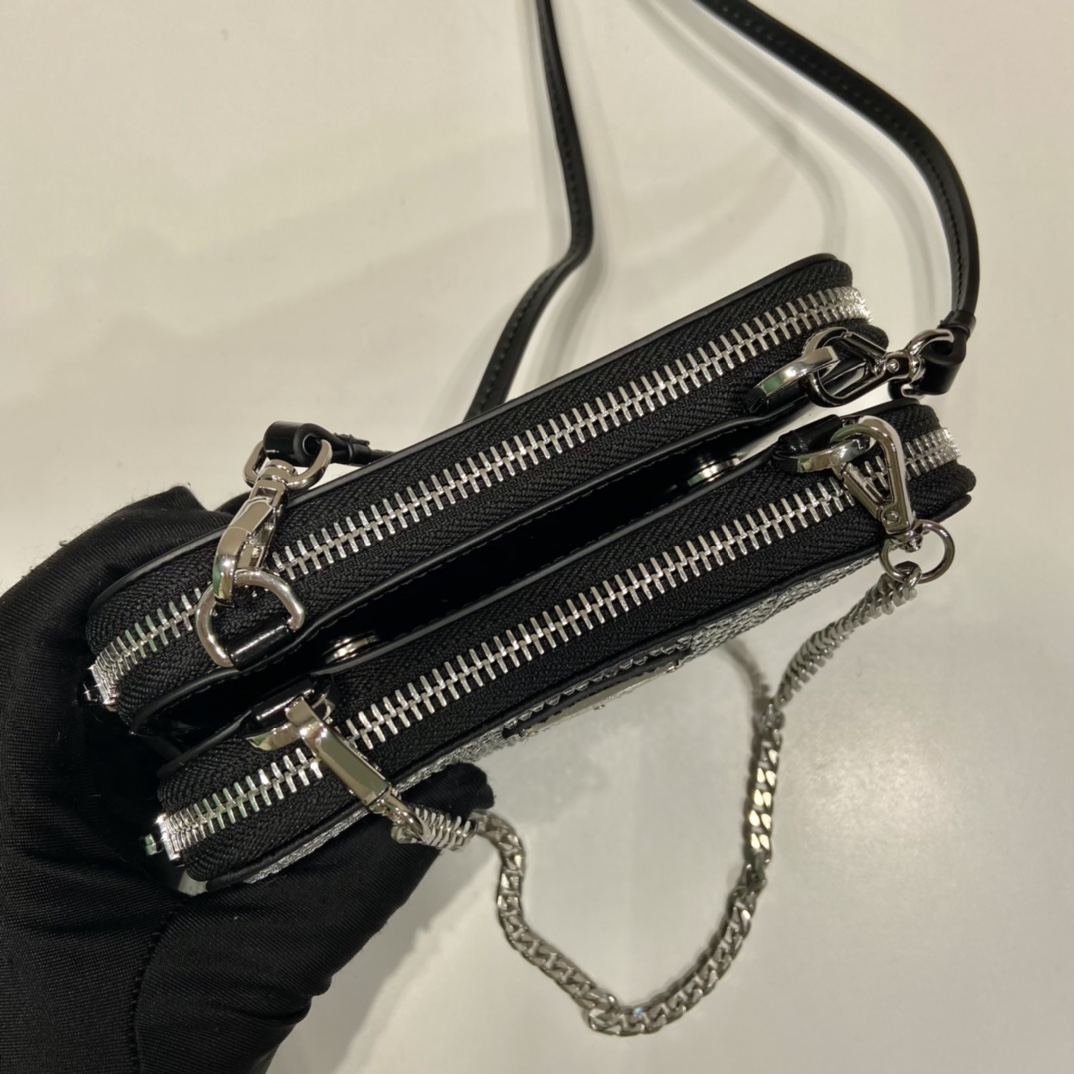 Bagsaaa Pra*a Embellished satin and leather mini pouch black - 15x10x5cm