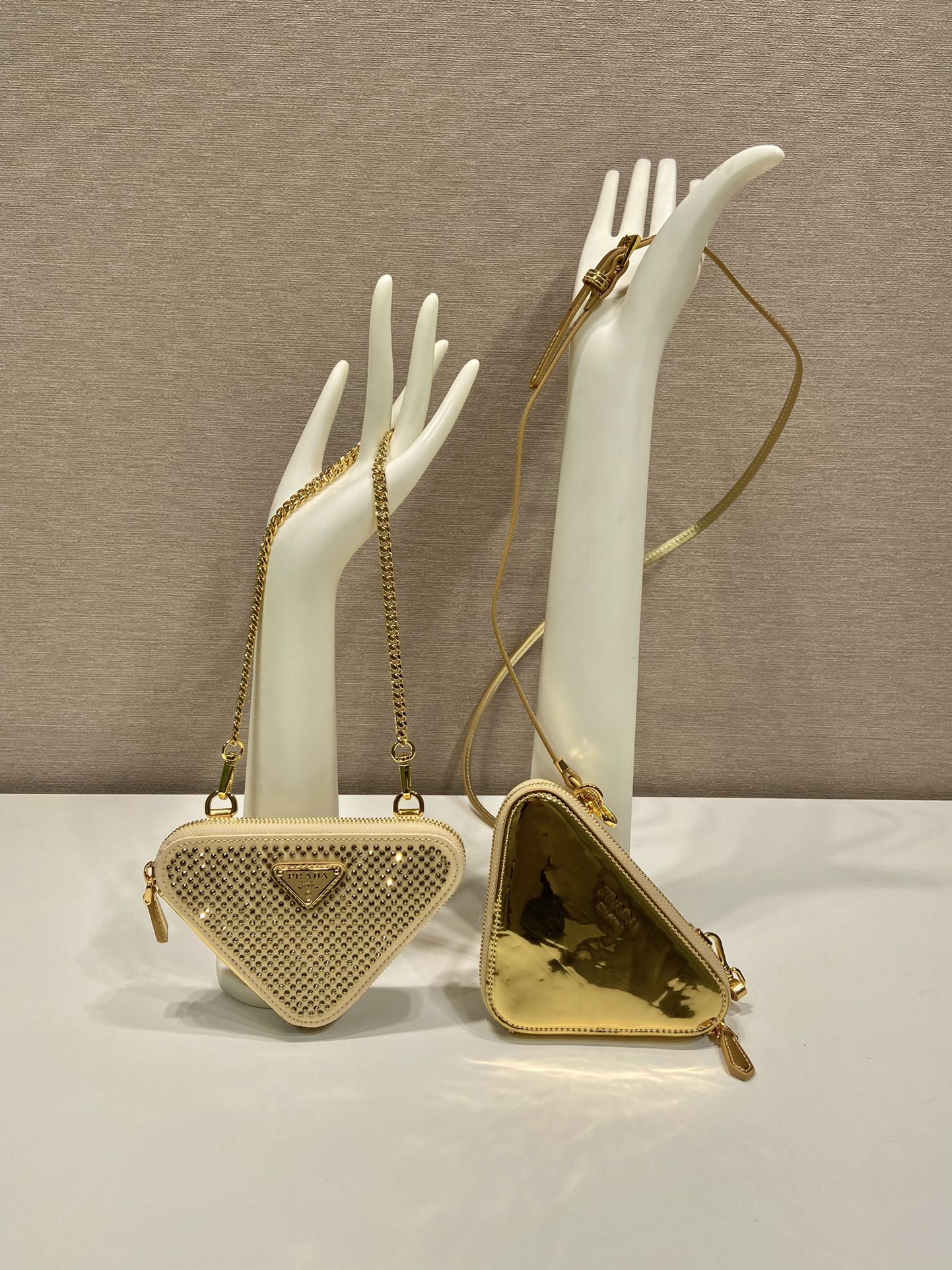 Bagsaaa Pra*a Embellished satin and leather mini pouch gold - 15x10x5cm