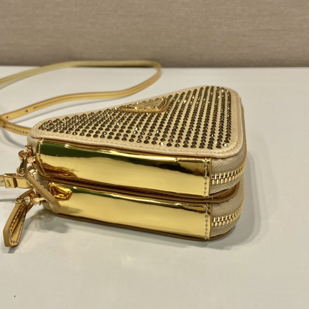 Bagsaaa Pra*a Embellished satin and leather mini pouch gold - 15x10x5cm