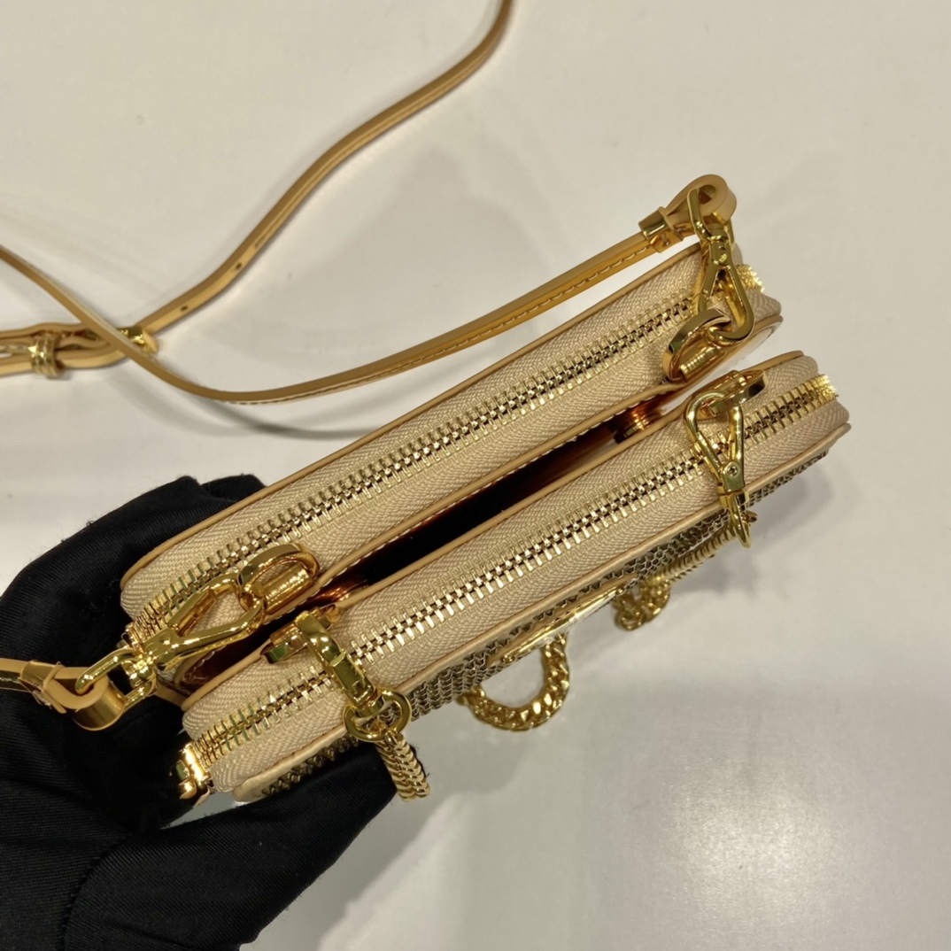 Bagsaaa Pra*a Embellished satin and leather mini pouch gold - 15x10x5cm