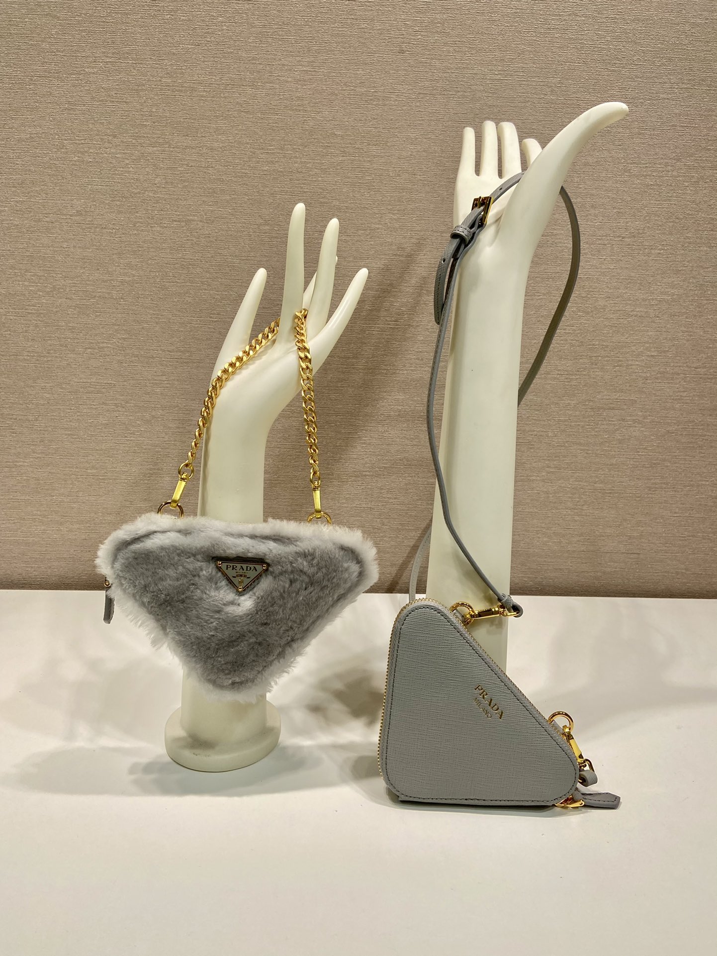 Bagsaaa Pra*a Shearling and Saffiano leather mini-pouch grey - 15x10x5cm