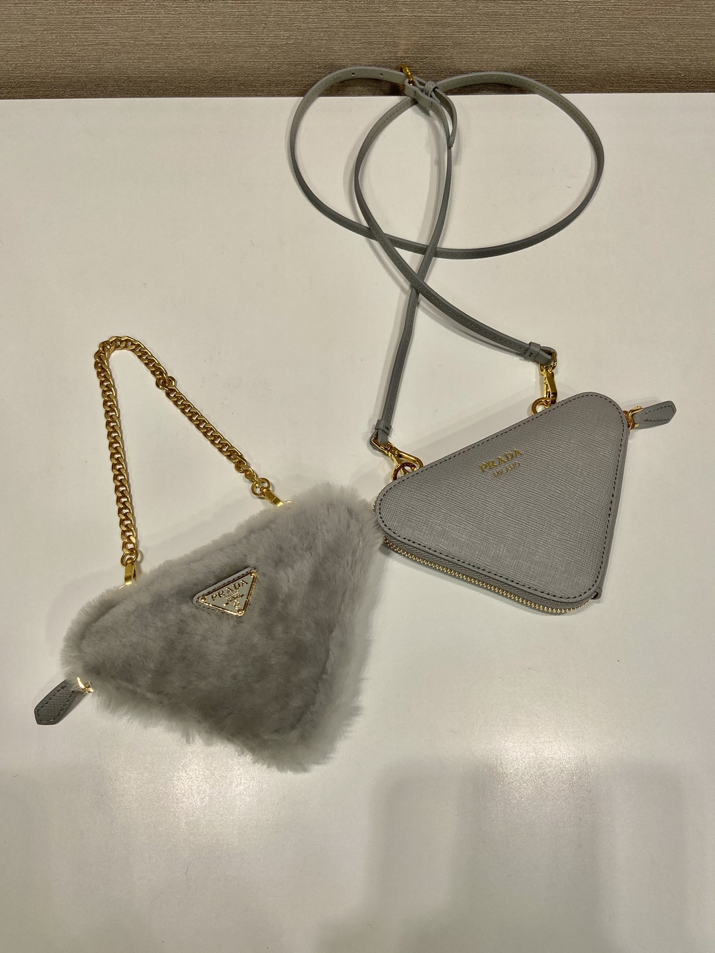 Bagsaaa Pra*a Shearling and Saffiano leather mini-pouch grey - 15x10x5cm