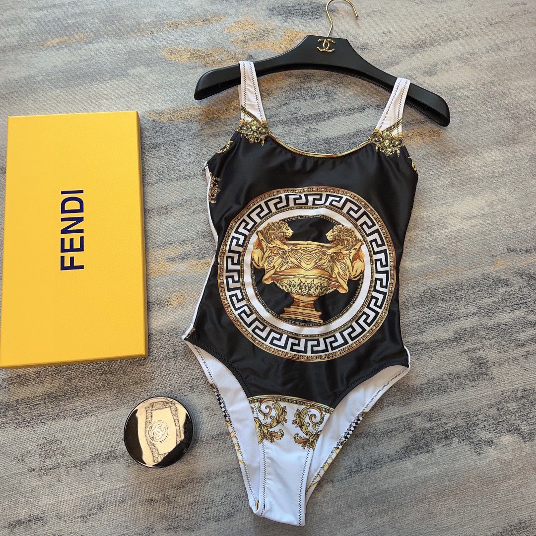 Bagsaaa Versace One Piece Swimsuit With Greek Key Print In Black
