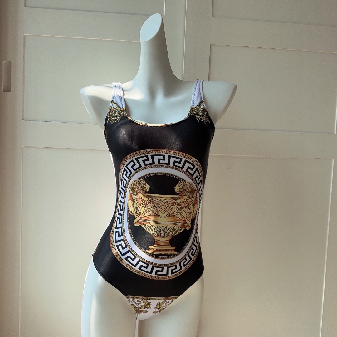 Bagsaaa Versace One Piece Swimsuit With Greek Key Print In Black