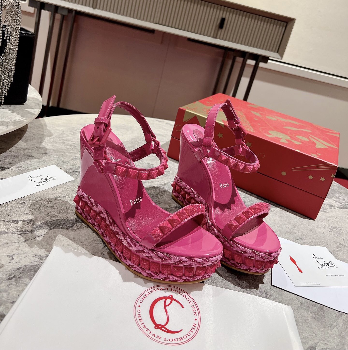 Bagsaaa Chr1st1an Louboutin Pyraclou 110 Patent Leather Wedge Sandals