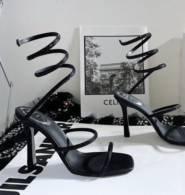 Bagsaaa Rene Caovilla Jewel Black Sandals Cleo Snake Round Toe