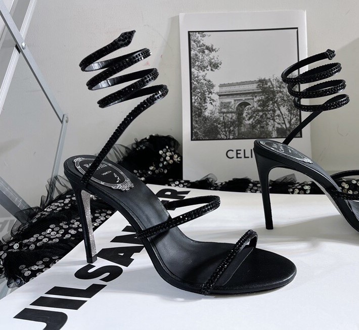 Bagsaaa Rene Caovilla Jewel Black Sandals Cleo Snake Arrown Toe