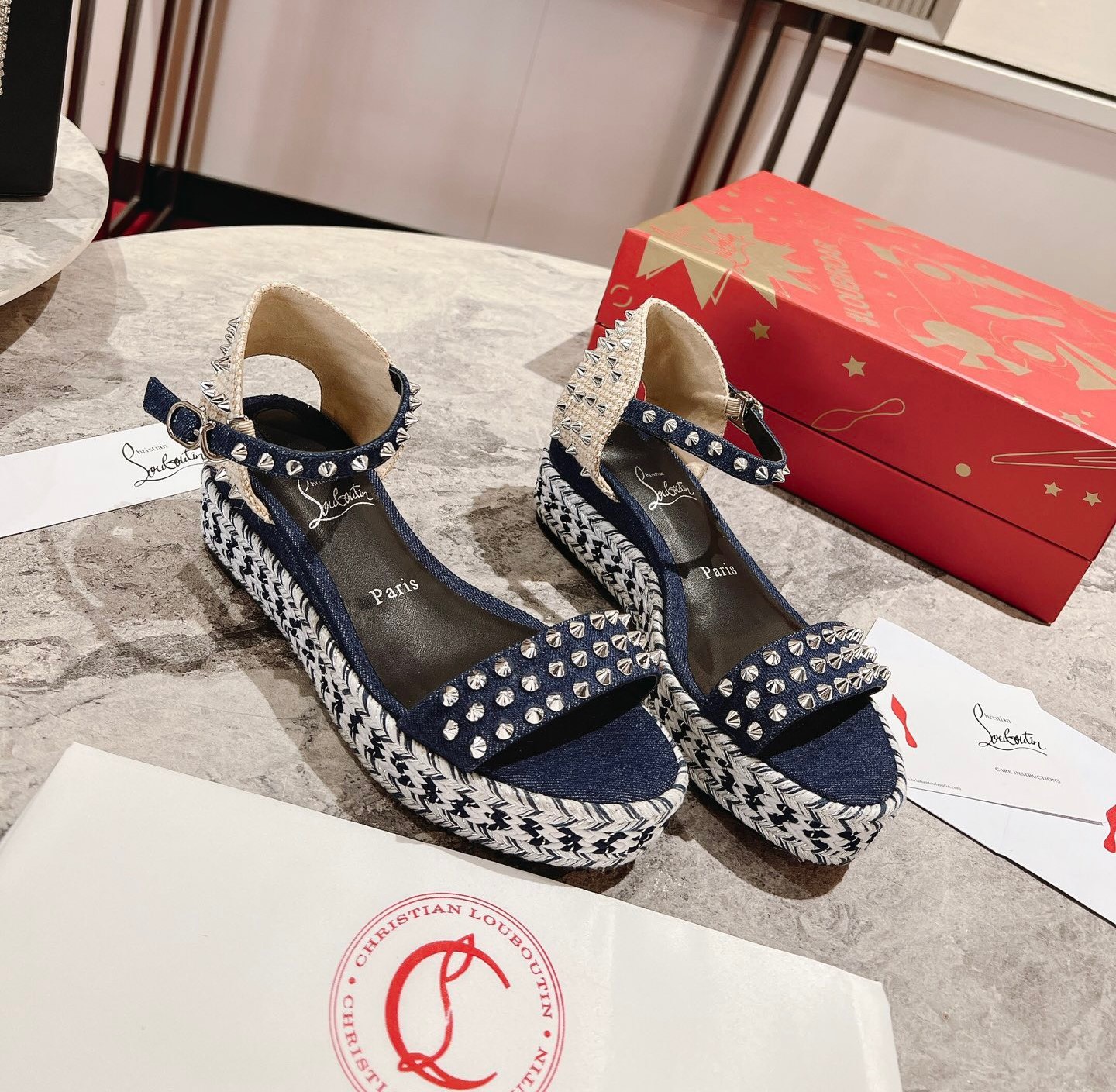Bagsaaa Chr1st1an Louboutin Madmonica Flat Wedge Sandals Blue Denim