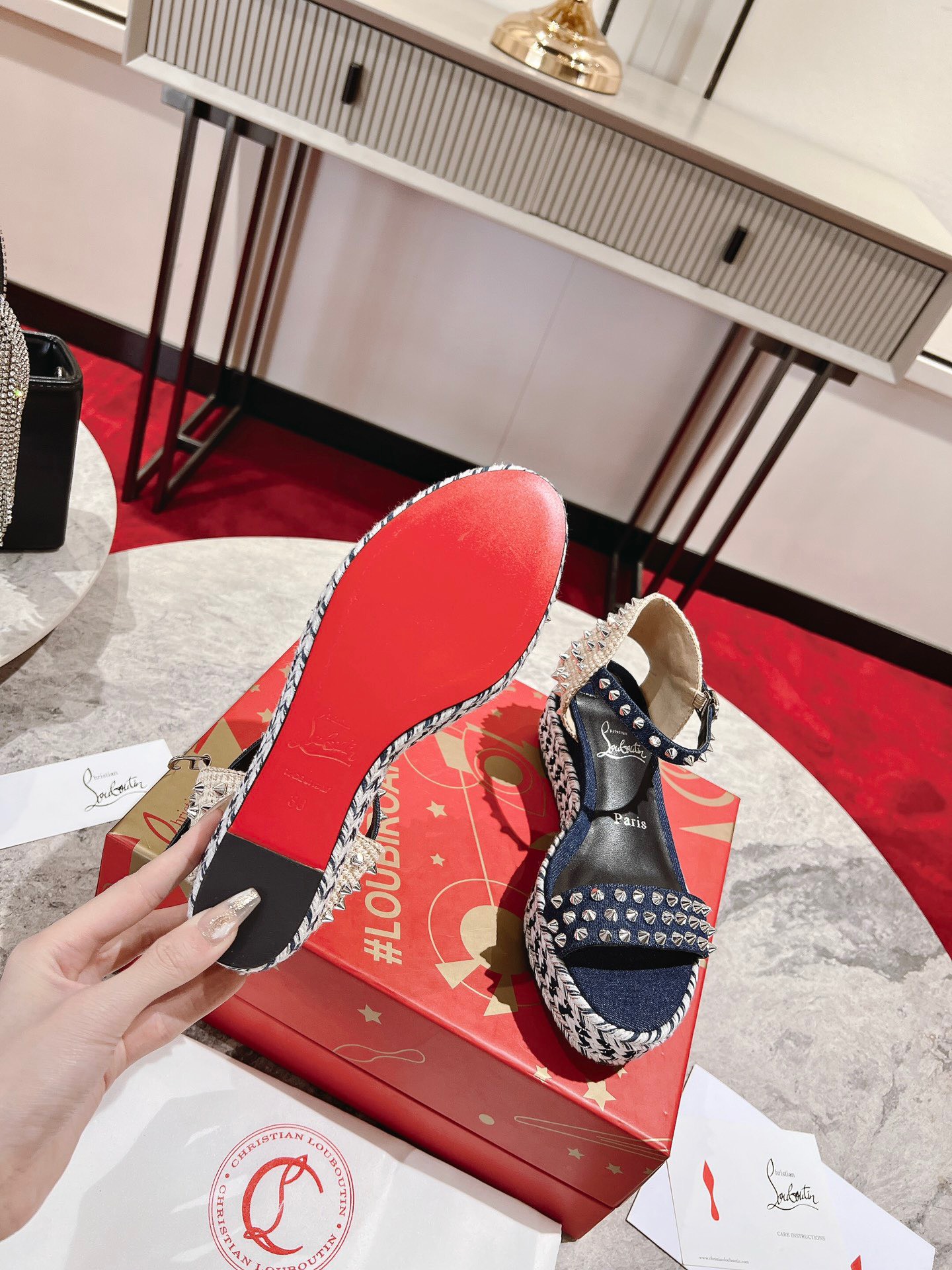 Bagsaaa Chr1st1an Louboutin Madmonica Flat Wedge Sandals Blue Denim