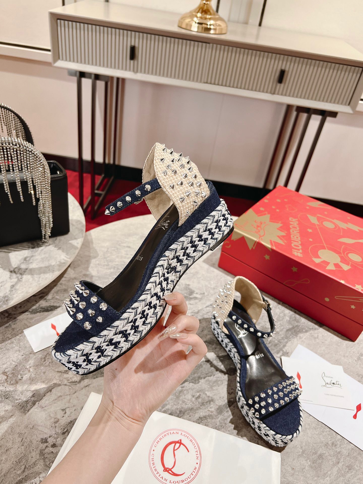 Bagsaaa Chr1st1an Louboutin Madmonica Flat Wedge Sandals Blue Denim