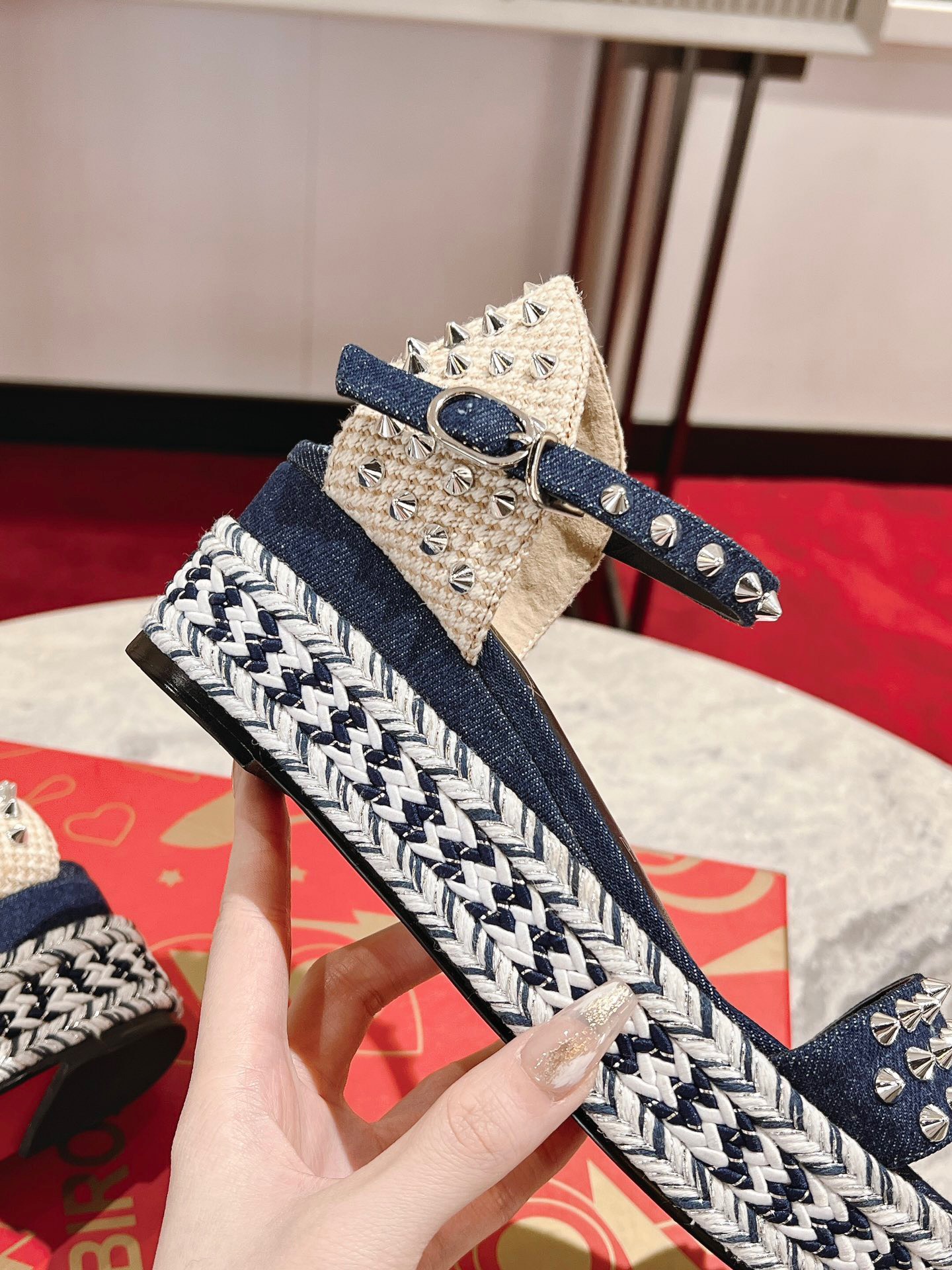 Bagsaaa Chr1st1an Louboutin Madmonica Flat Wedge Sandals Blue Denim