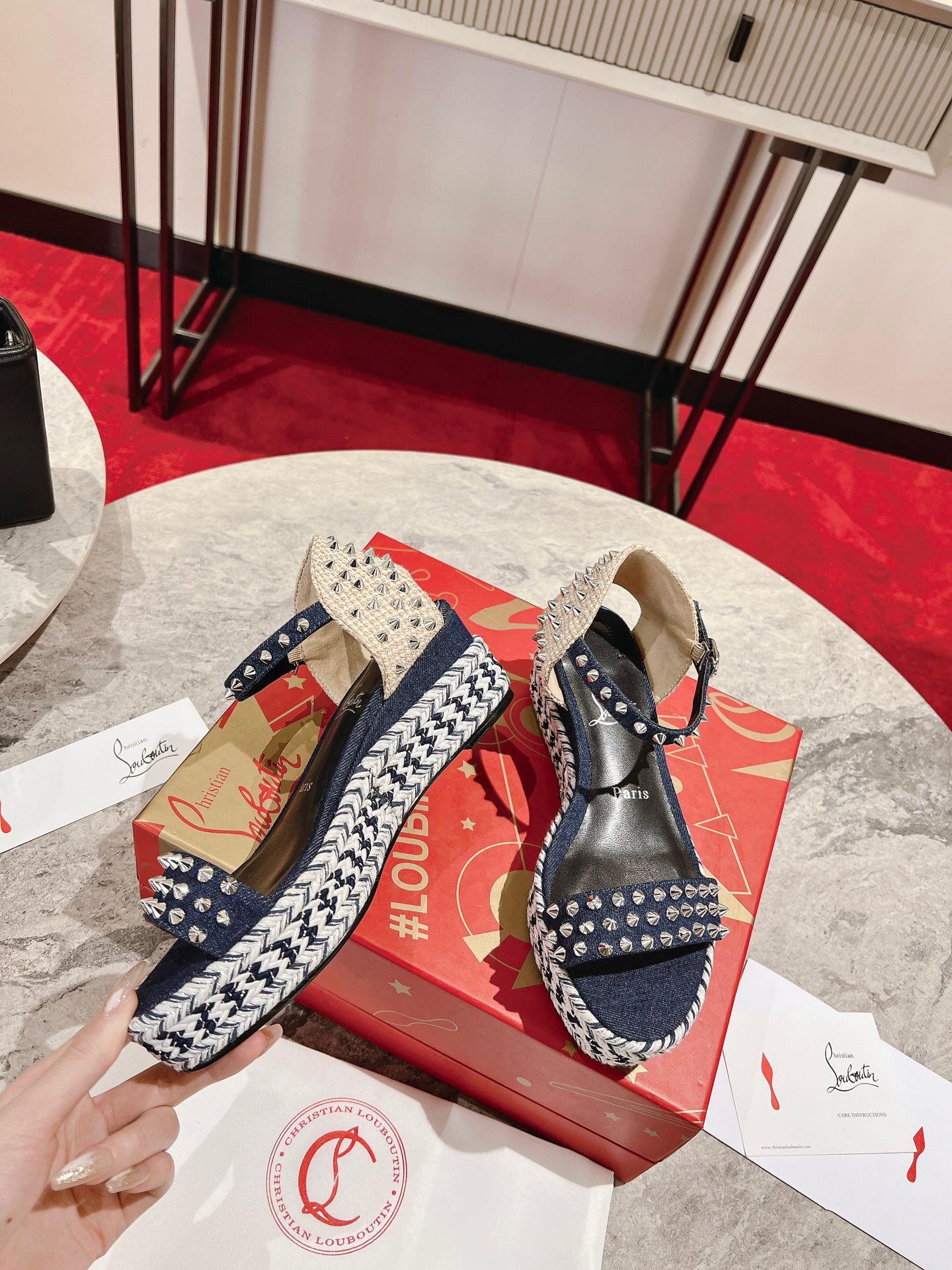 Bagsaaa Chr1st1an Louboutin Madmonica Flat Wedge Sandals Blue Denim