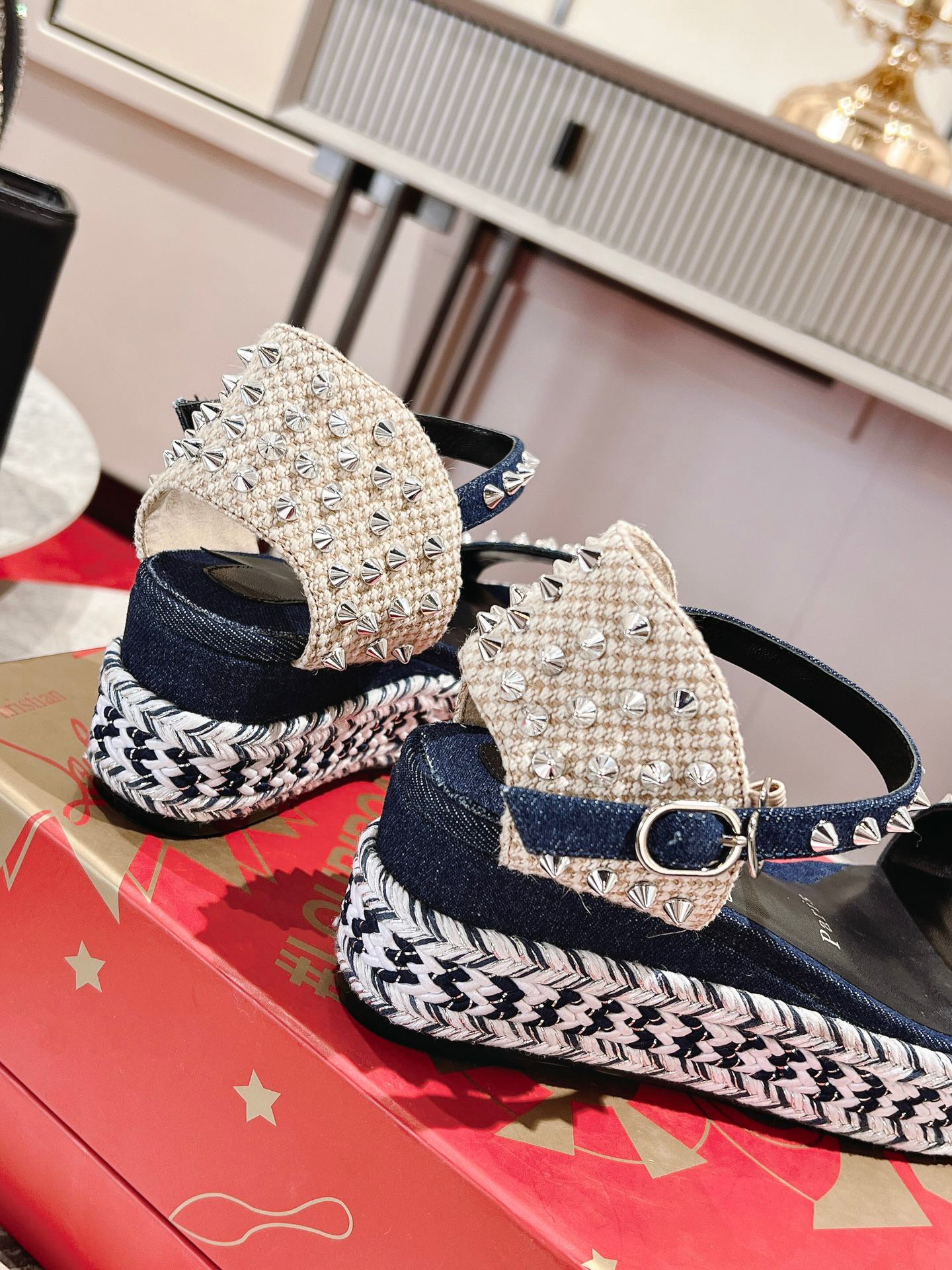 Bagsaaa Chr1st1an Louboutin Madmonica Flat Wedge Sandals Blue Denim