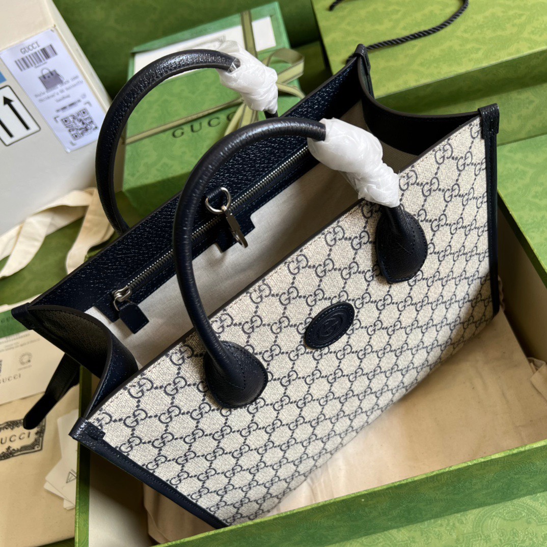 Bagsaaa Gvc*1 Interlocking G Tote Beige and blue GG Svp*me canvas - W31cm x H26.5cm x D14cm