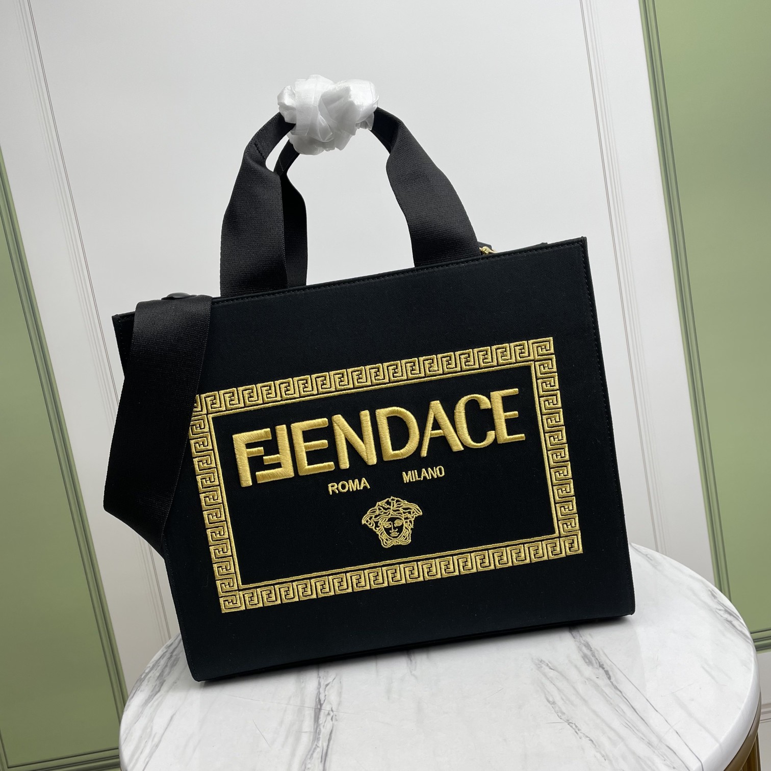 Bagsaaa F**di Fendace Embroidered Canvas Logo Medium Black Bag