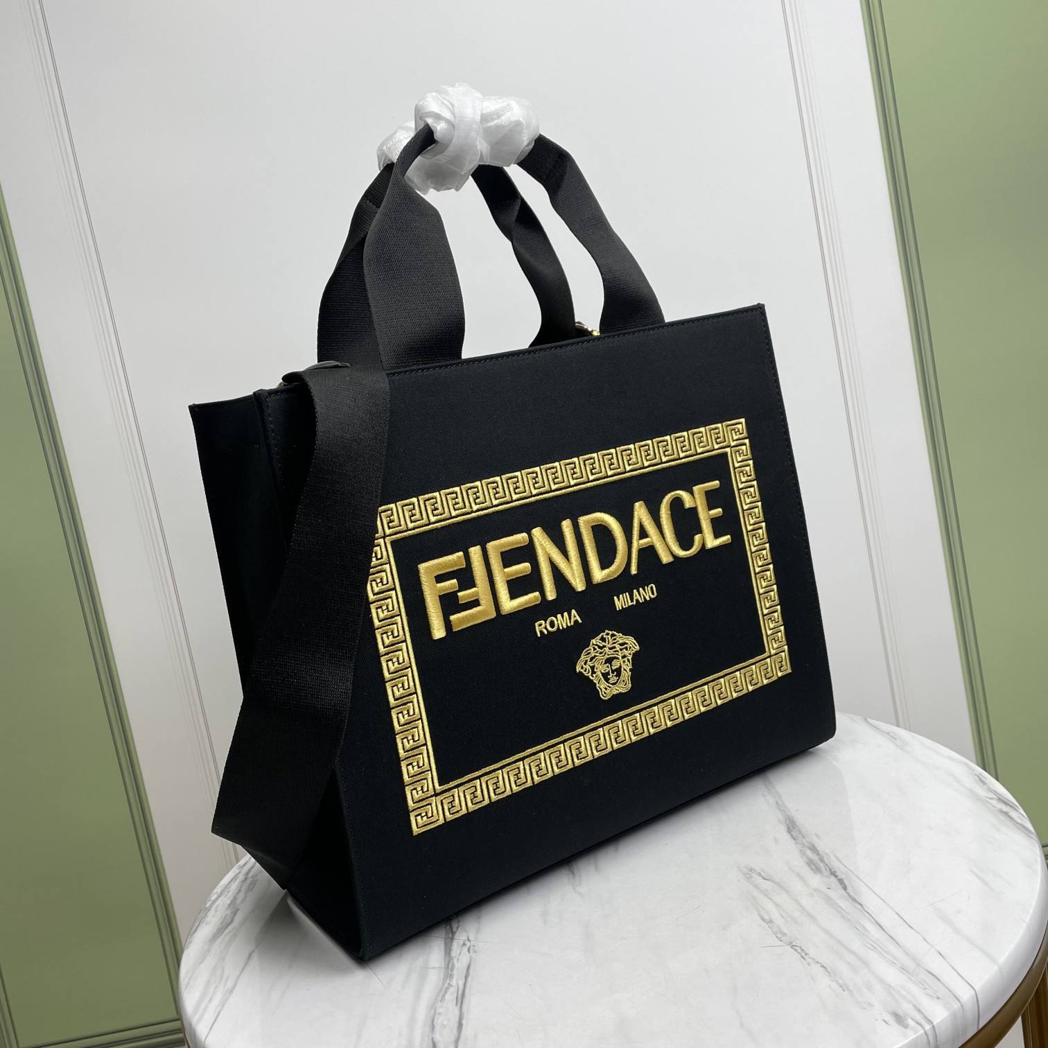 Bagsaaa F**di Fendace Embroidered Canvas Logo Medium Black Bag