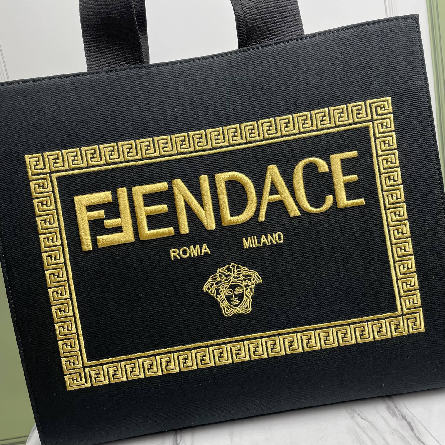Bagsaaa F**di Fendace Embroidered Canvas Logo Large Black Bag - 40×35×21.5cm
