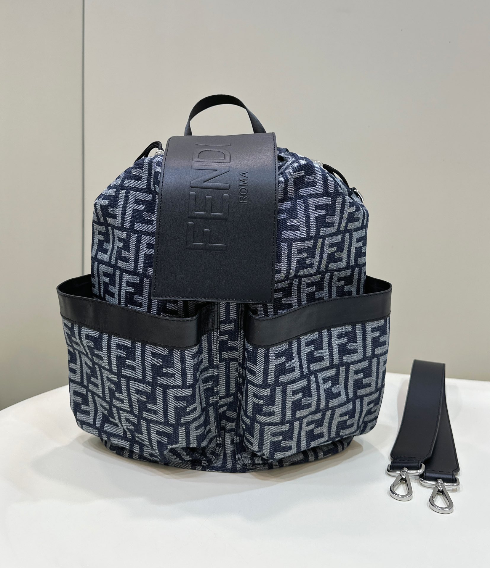 Bagsaaa F**di Black Strike Backpack In Denim With Jacquard Ff Monogram Medium - 31.5*16*36CM
