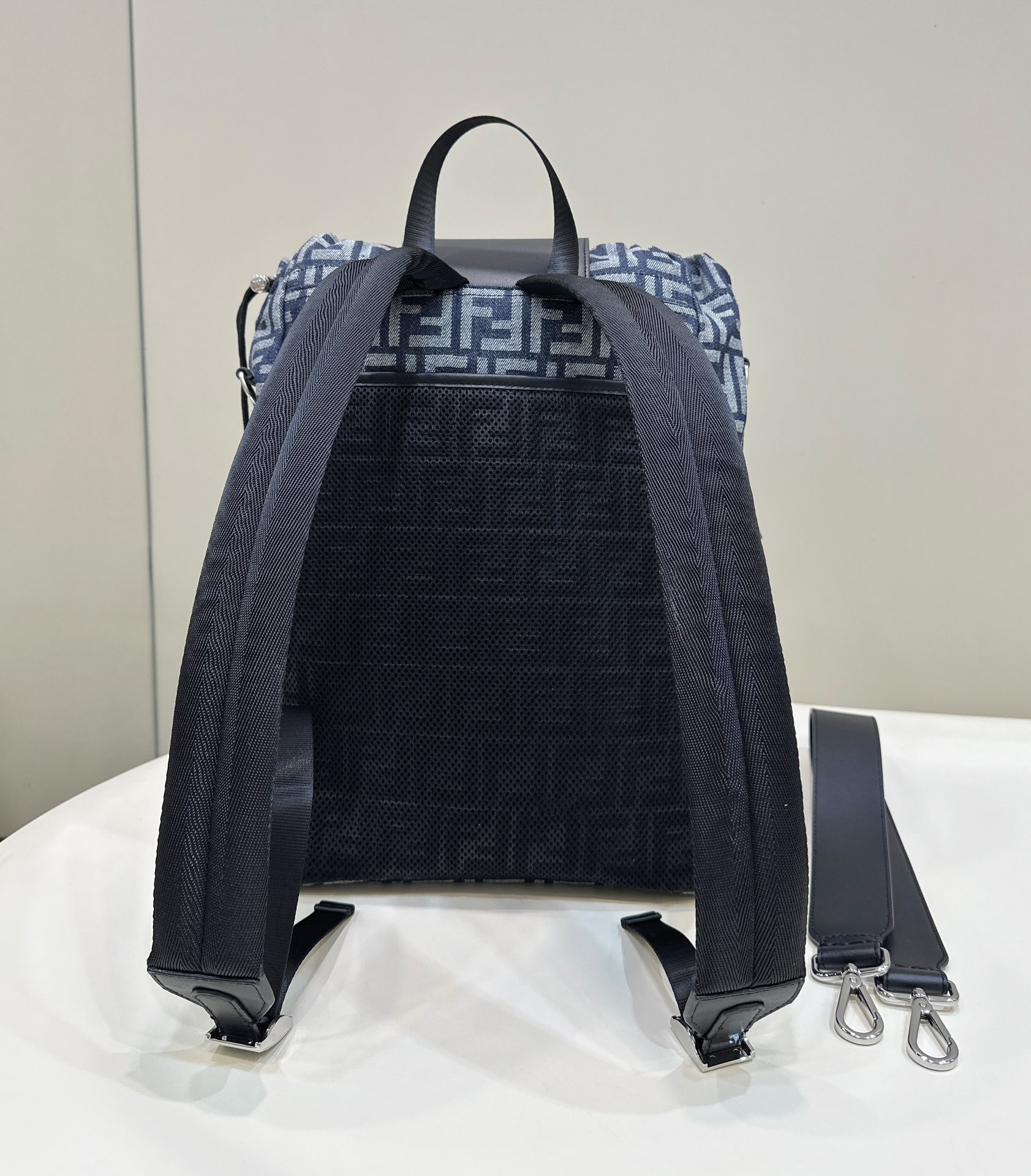 Bagsaaa F**di Black Strike Backpack In Denim With Jacquard Ff Monogram Medium - 31.5*16*36CM